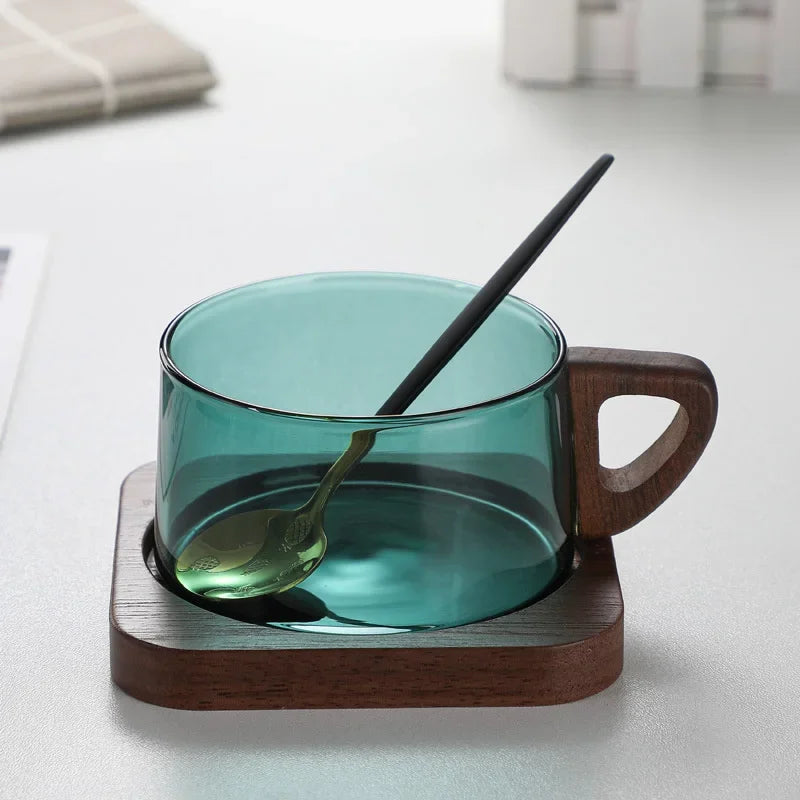 200ml Glass American Latte Coffee Cup With Wooden Tray High Borosilicate Heat-resistant Milk Tea Cup Fresh Ground Coffee Mug