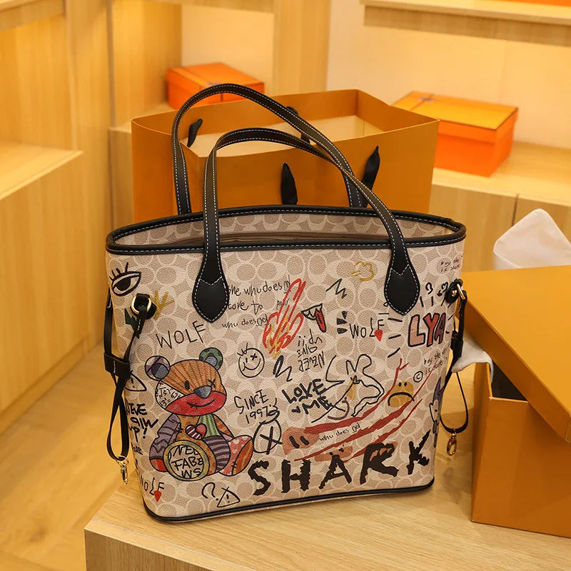 Cartoon Graffiti Women Bags 2023 Luxury Designer Bag Famous Brand Bear Print Leather Shoulder Bag Travel Tote Handbags Neverful