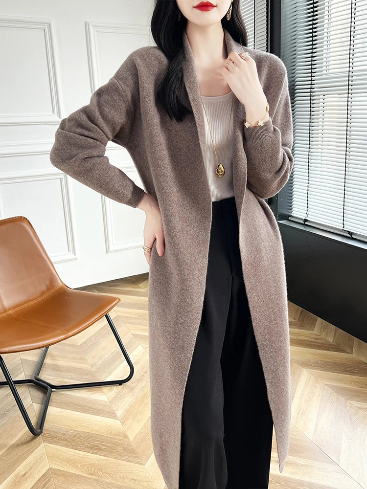 2024 Women Long Cardigan Cashmere Sweater Spring Autumn Winter Office Lady Loose Coat 100% Merino Wool Knitwear Korean Fashion