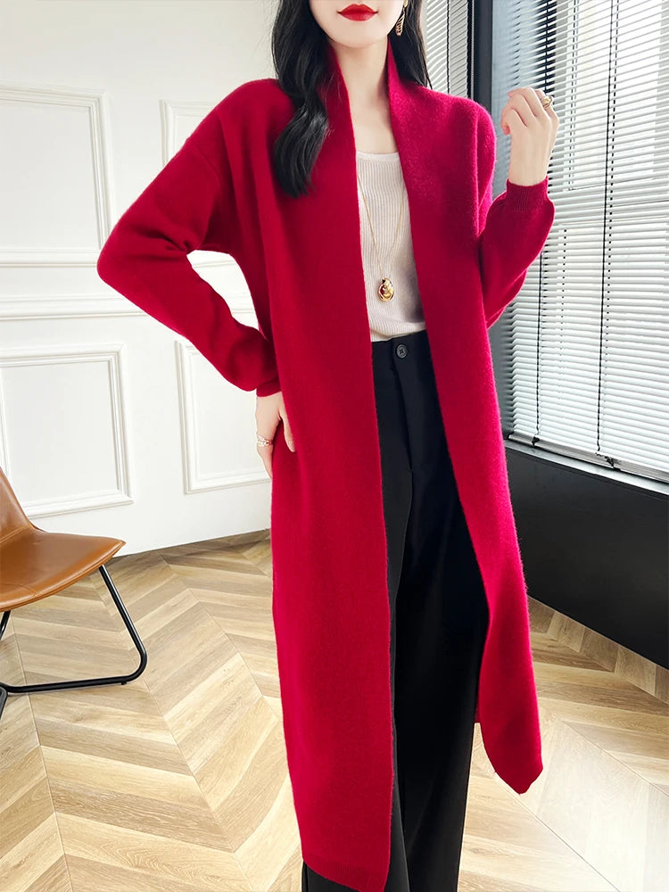 2024 Women Long Cardigan Cashmere Sweater Spring Autumn Winter Office Lady Loose Coat 100% Merino Wool Knitwear Korean Fashion