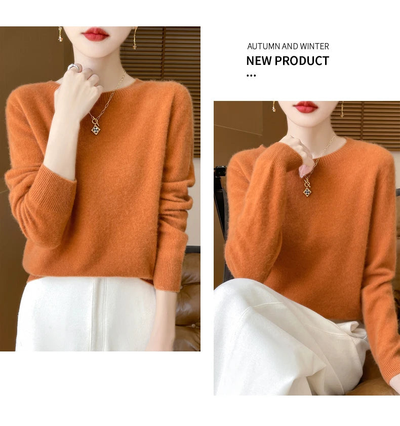 Autumn Winter Women Clothing O-Neck Pullover 100% Merino Wool Sweater New Fashion Cashmere Tops Bottoming Long Sleeve Knitwear