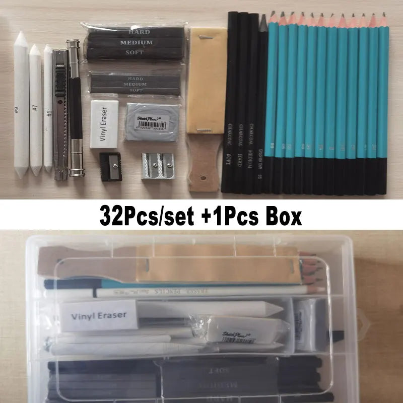 33Pcs 50Pcs Art Set Sketch Kits With Box Organizer Case Artist Drawing Pencil 5H-8B Charcoal Graphite Stick Bar Rod Knead Eraser