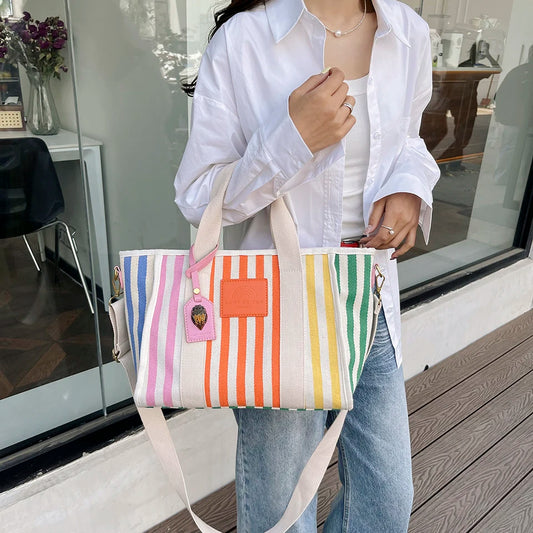 Summer Fashion Beach Bag Colorful Stripe Canvas Bag Handheld Tote Bag Women's Leisure Vacation One Shoulder Crossbody Bag-ll