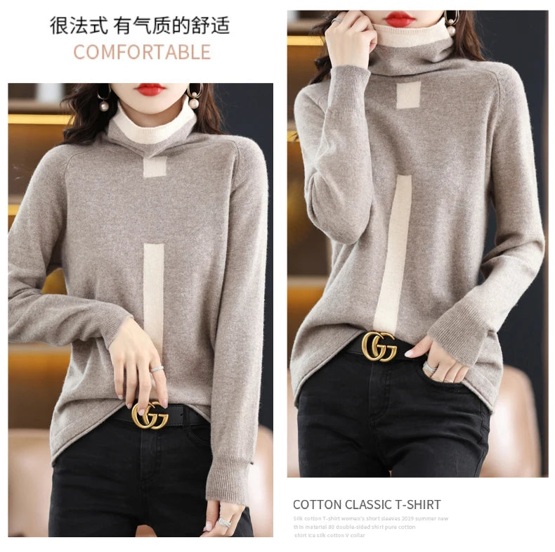 100% Mink Cashmere Sweater Ladies Pile Collar Pullover Tops Spring / Autumn New Colorblock Top Korean Style Fashion Tight Thin