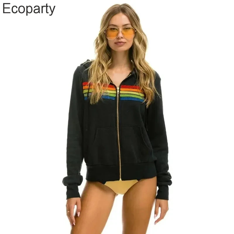 Autumn Unisex Women's Aviator Nation Long Sleeve Hooded Sweatshirts Casual Zipper 5 Stripe Rainbow Hoodies Jacket Coat