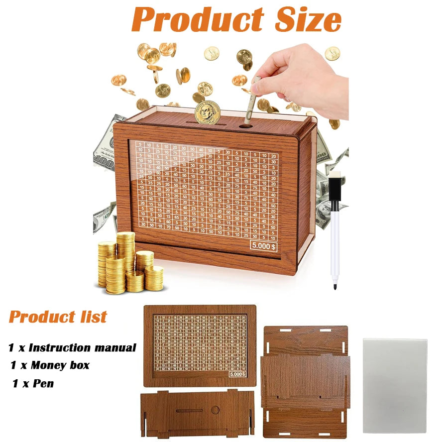 Money Box Wooden Piggy Bank Money Container for Cash Saving Treasure Coin Case 1000/5000/10000 Euro Helps The Habit of Saving