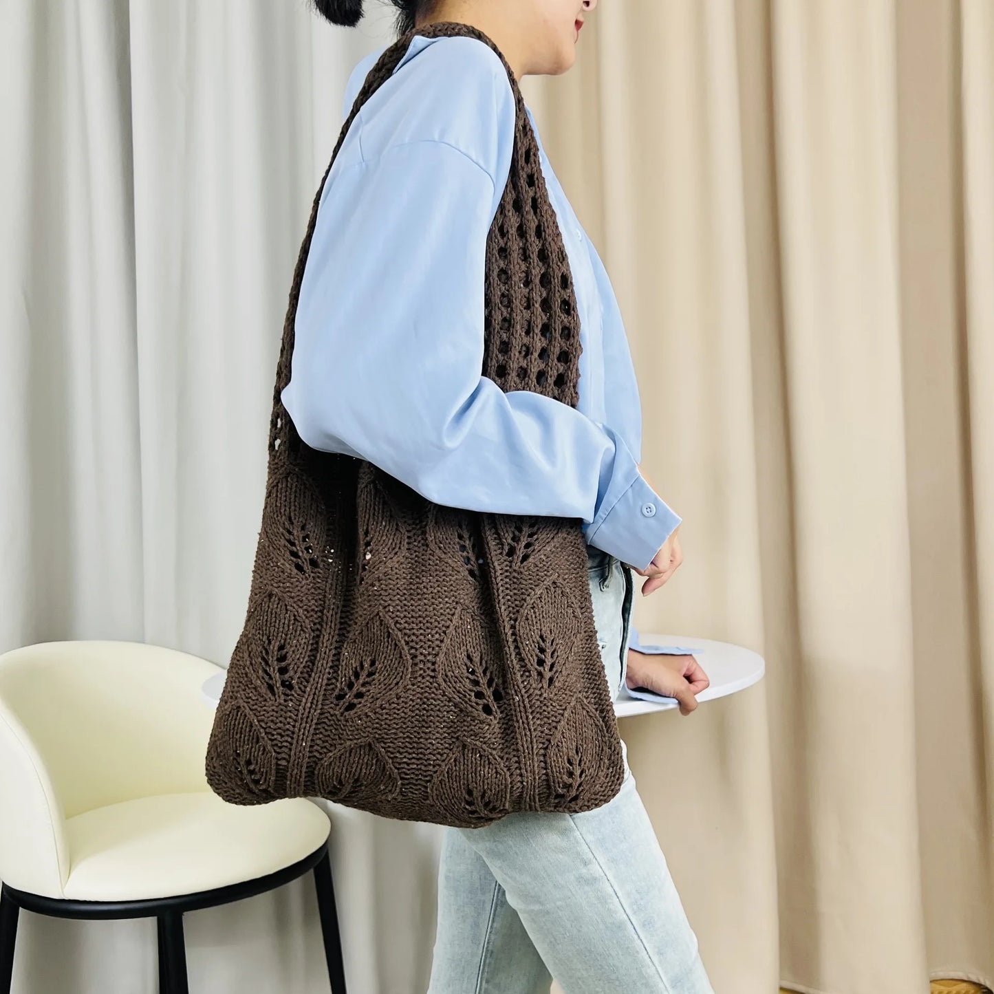 Knitted Handbags Beach Bags Lightweight Students Shoulder Casual Tote Female Style Shopping Woven Bags For Women Girls