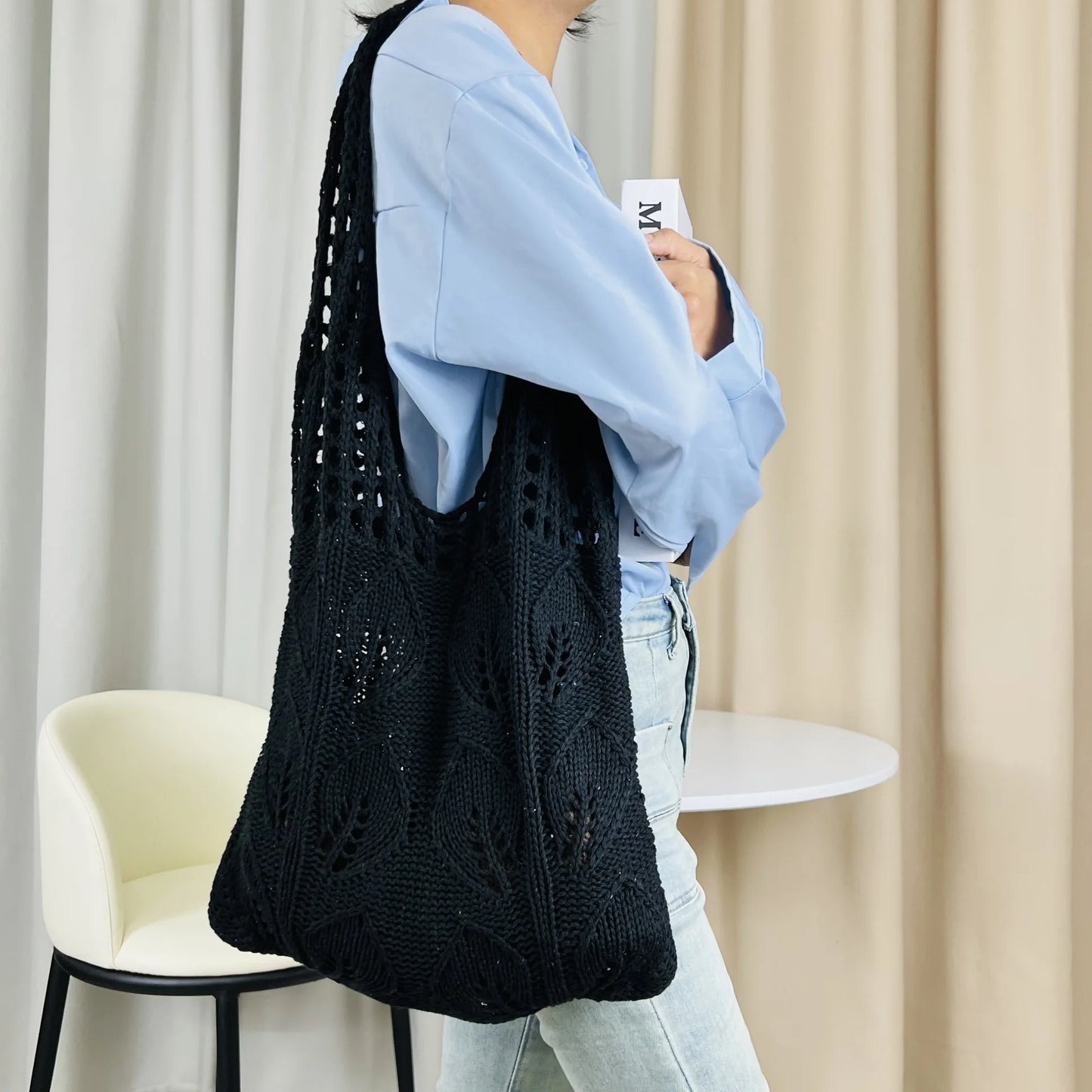 Knitted Handbags Beach Bags Lightweight Students Shoulder Casual Tote Female Style Shopping Woven Bags For Women Girls