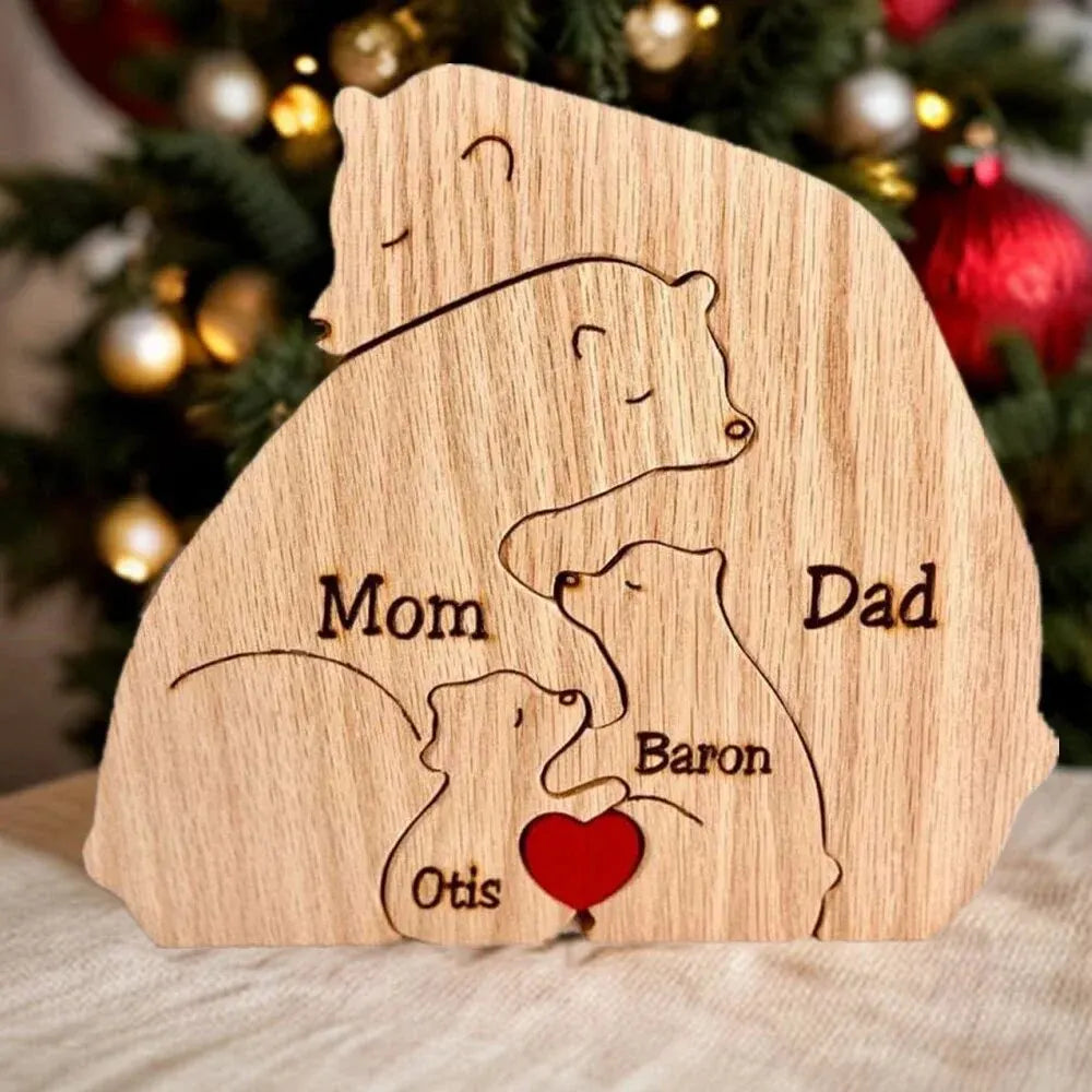 Name Personalized Custom Mother's Birthday Gift Family Names Sculpture Wood Puzzle Bear Family Heart Puzzles Home Decoration Valentines Gift