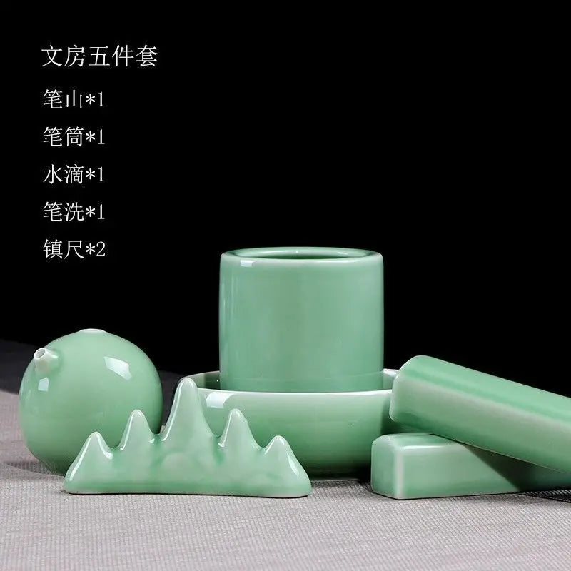 Royal Ming Celadon Study Four Treasures Set Calligraphy Supplies Pen Holder Paperweight Wash Adult