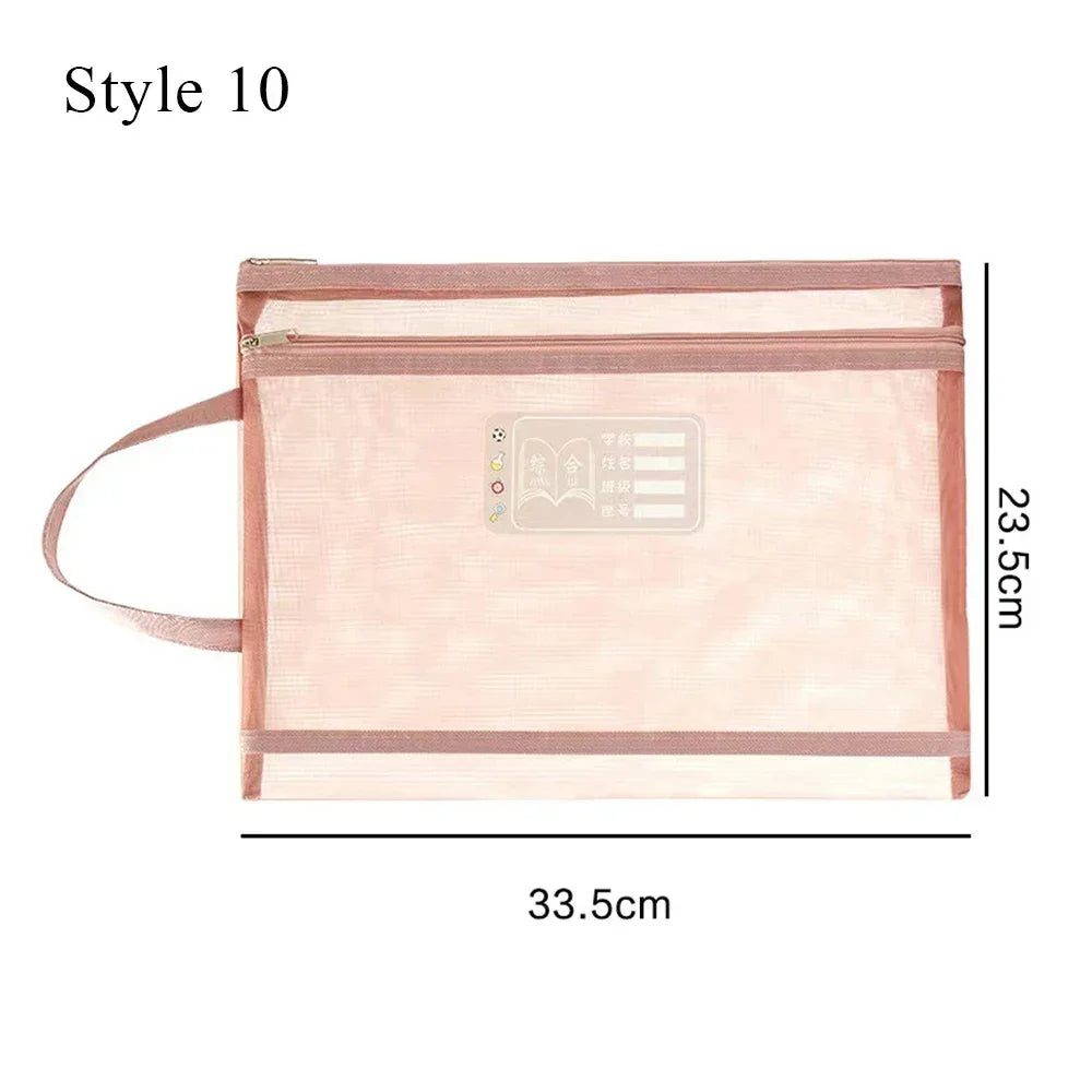 A4 Stationery Storage Bag Double-layer Mesh Zipper Bag Large Capacity Organizer Cosmetic Makeup Bag Transparent File Folders