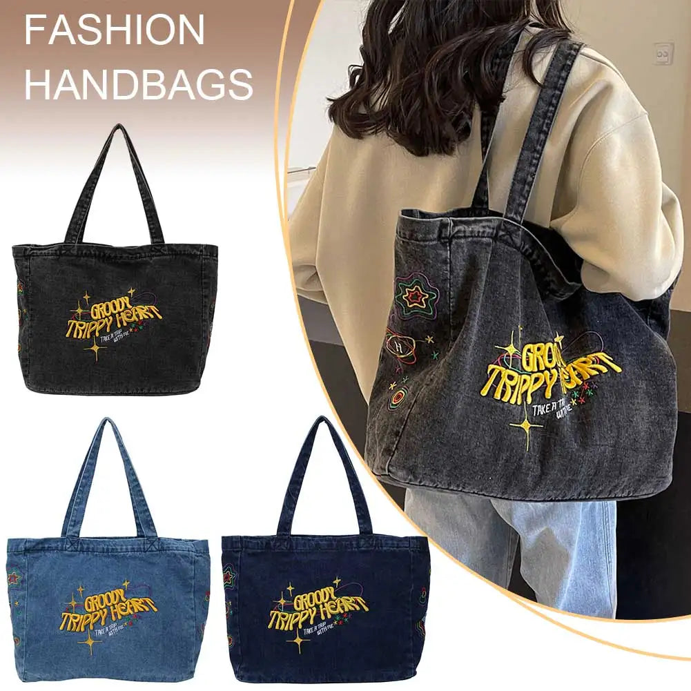 Denim Shoulder Bag Canvas Embroidered Letters Handbag Casual Travel Shopper Retro Hobo Bag Large Capacity Shoulder Underarm Bag Valentines Gift