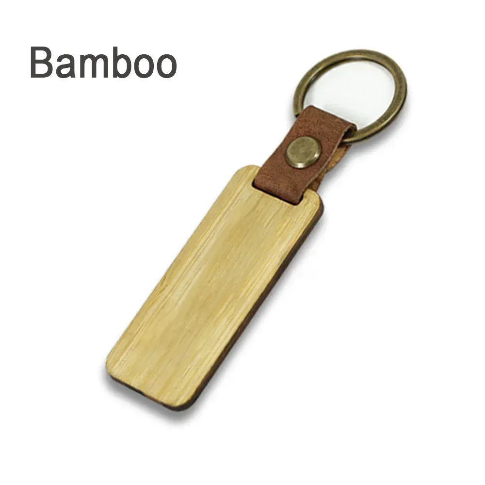 Customized PU Leather Wooden Keychain Blank DIY Wood Keyring Square Engraved Car Key Chains Retro for Friends Lovers Family Gift Valentines Gift