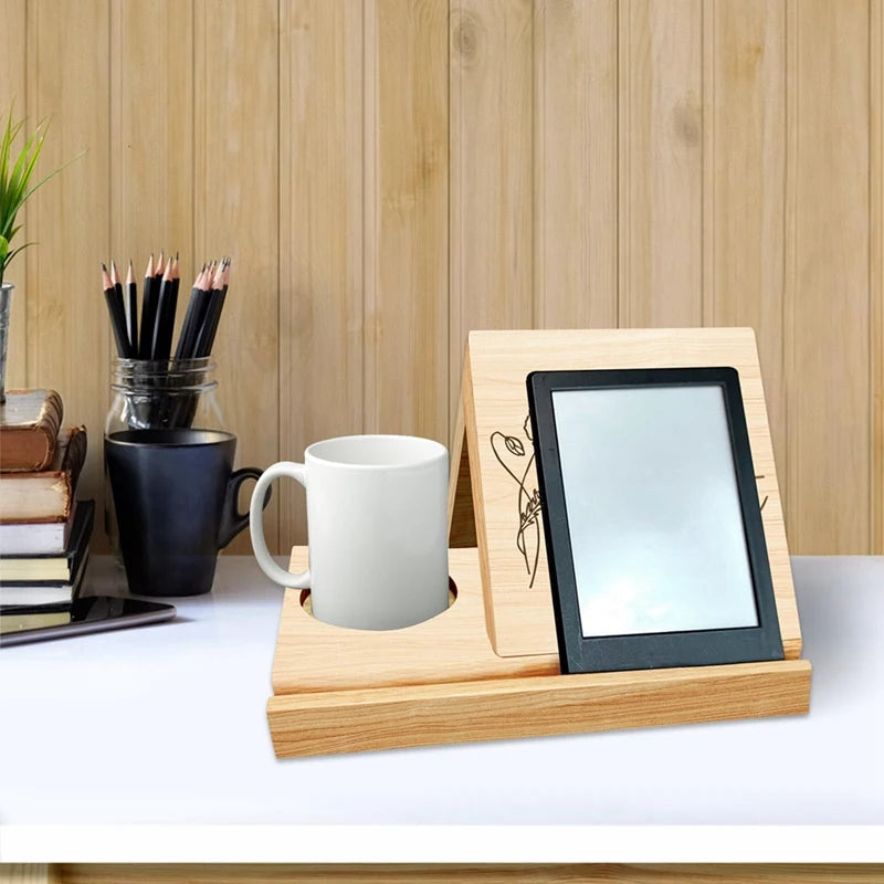 Personalized Wooden Triangle Book Stand With Coffee Cup Mug Holder,Custom Birth Flower Book Page Holder,With Words Durable