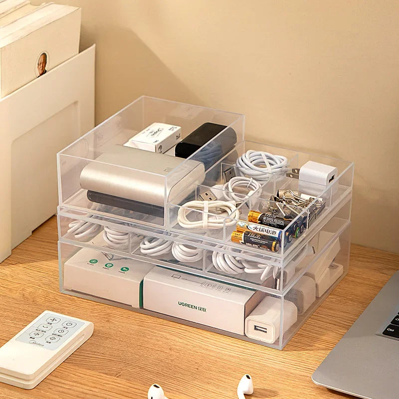 Transparent 6  Grid Dust Proof Drawer  Box Office Desk Stationery Cable Organizer Box Jewelry Makeup  Shelf