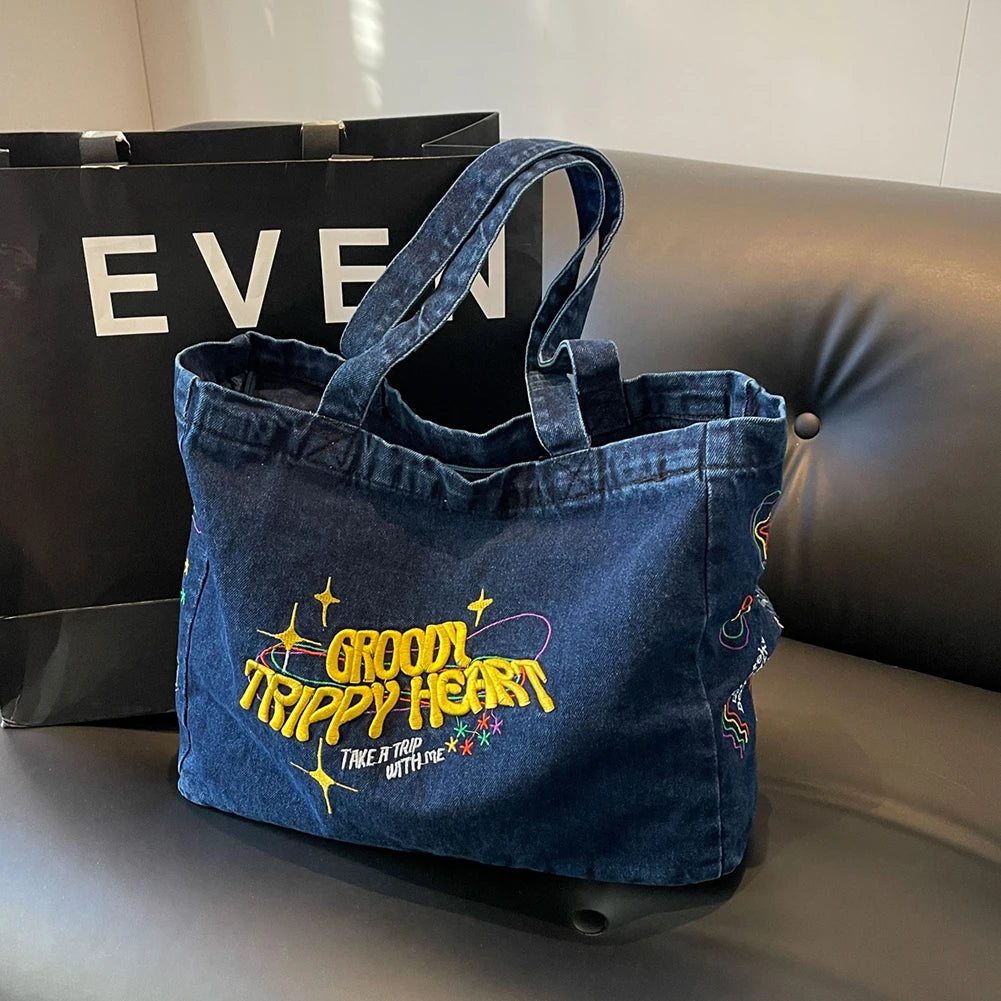 Denim Shoulder Bag Canvas Embroidered Letters Handbag Casual Travel Shopper Retro Hobo Bag Large Capacity Shoulder Underarm Bag Valentines Gift