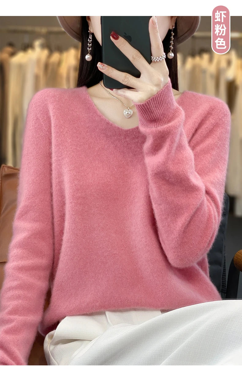 100% pure wool cashmere sweater women's V-neck pullover casual knit top autumn and winter women's coat Korean fashion