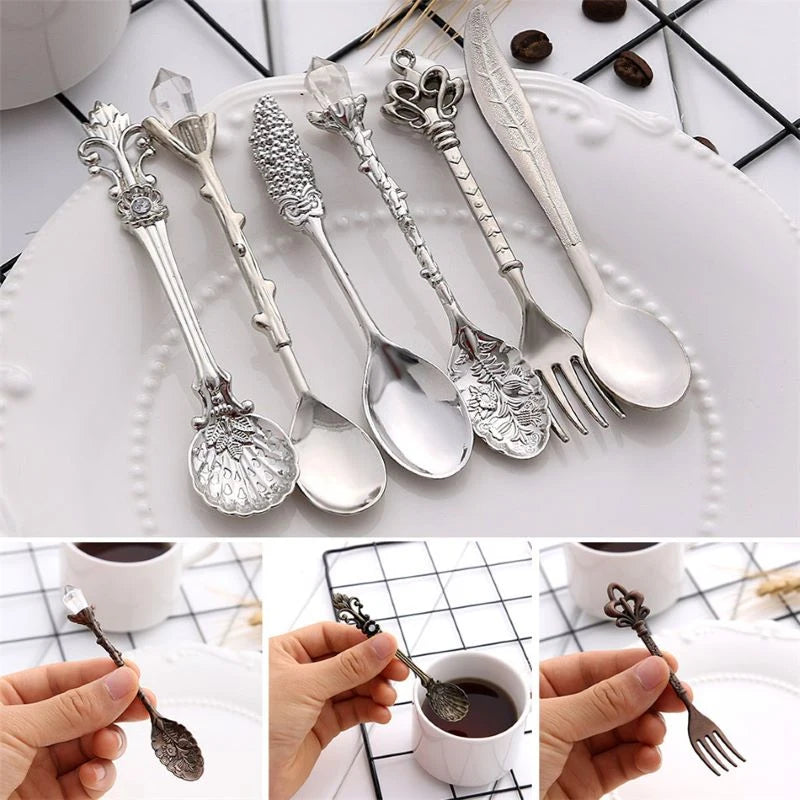 6pcs Vintage Spoons Fork Cutlery Set Mini Royal Style Metal Gold Carved Teaspoon Coffee Snacks Fruit Dessert Fork Kitchen Tool