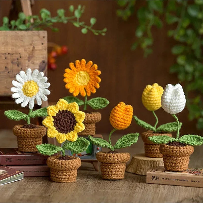 Sunflower Crochet Flowers Hand-knitted Tuilp Flower Potted Finished Crochet Woven Flowers Pot Mother's Day Gift Girasol