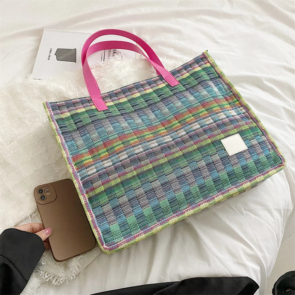 Colorful Tote Bag For Women Cotton Fabric Woven Design Large Capacity Shopper Shoulder Bags Lightweight Crossbody Handbags Bolso