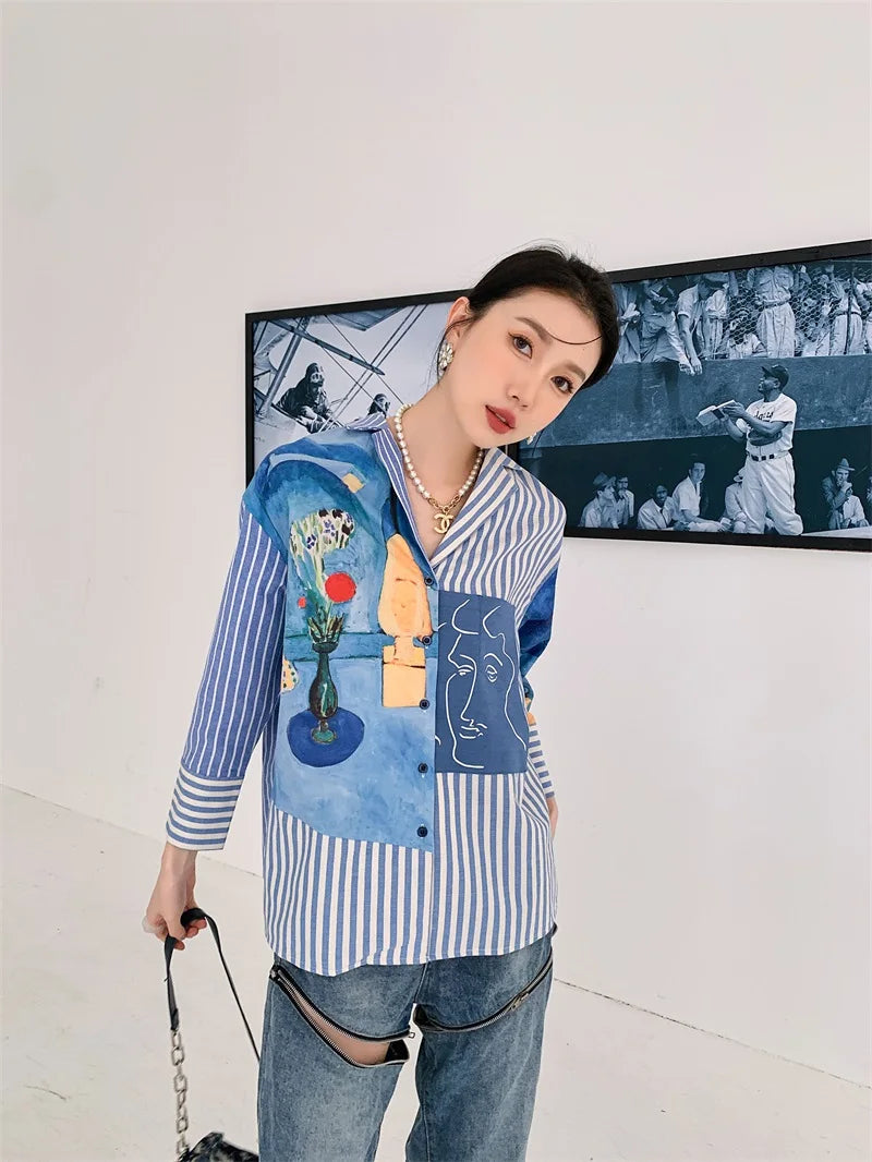 Women's Clothing Shirts Polo Collar Stripe Printing Asymmetrical Long Sleeves Casual Vintage Fashion Baggy Blouse Tops Ladies