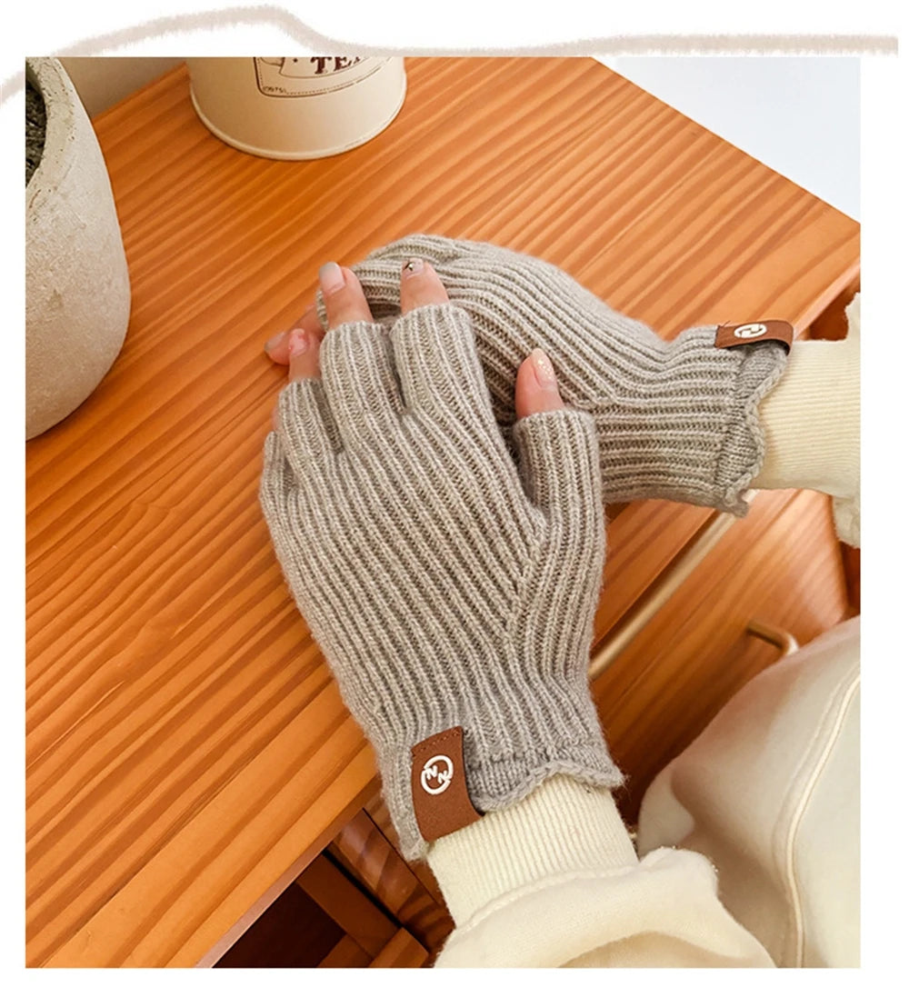 Women's Solid Color Knitted Warm Gloves Winter Half Finger Touch Screen Mittens Outdoor Cycling Stretch Gloves for Adult Couples