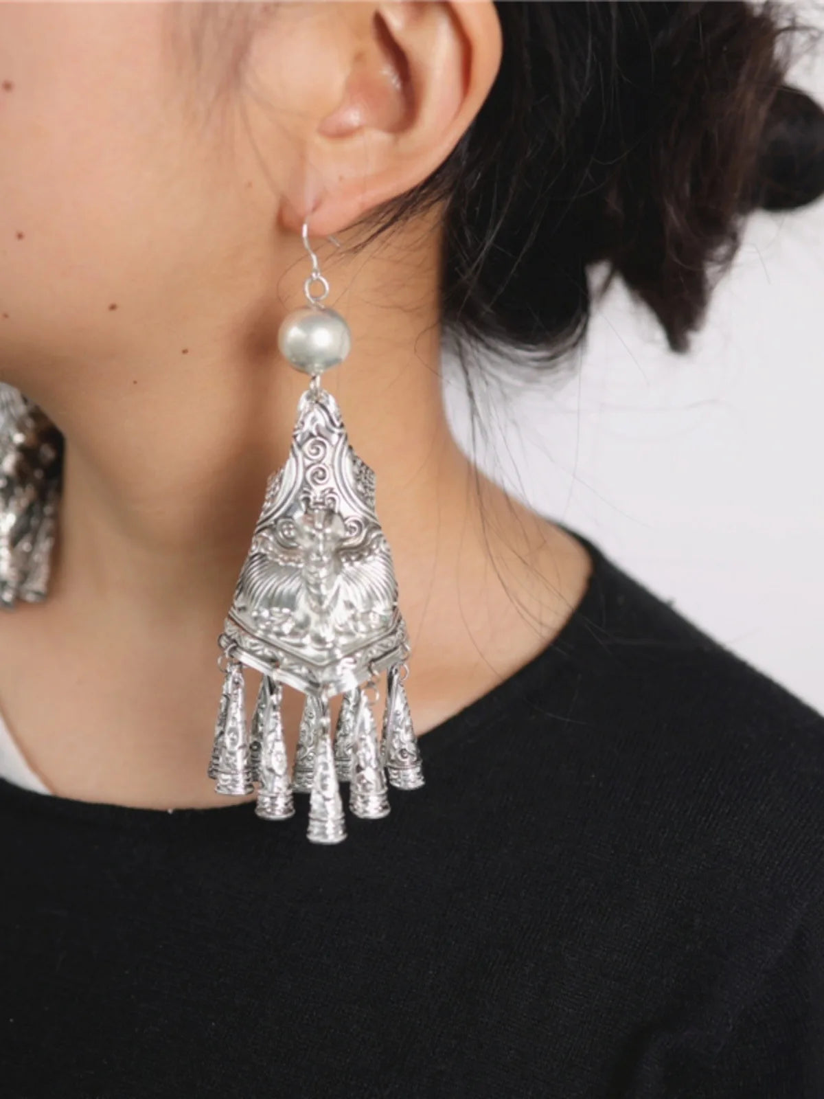 Pendant Perforated Jewelry Horn Shaped Tassel Earrings Women's Accessories Silver Earrings Fashion Party Earrings