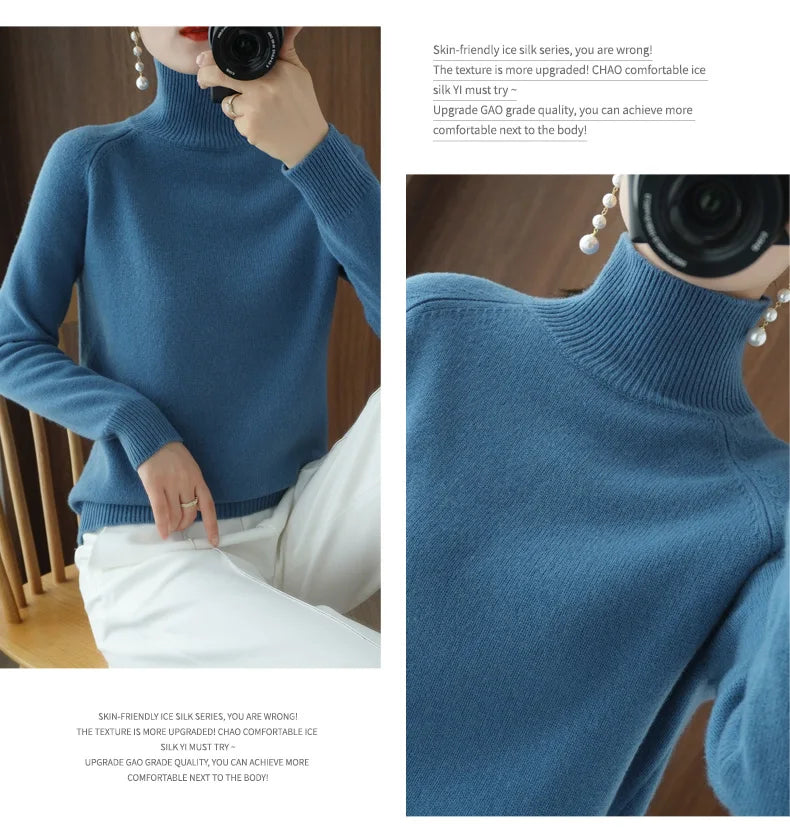 Fashion Basic Autumn Winter  Merino Wool Sweater Mock Neck Cashmere Pullover  Solid Color Soft Long Sleeve Clothing Tops