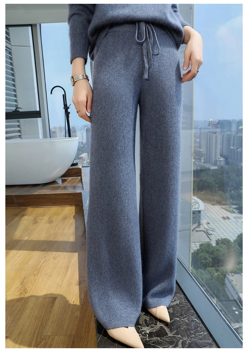 2024 Autumn/Winter New Mink Cashmere Wide Leg Pants for Women, Thickened, Warm, Loose, High Waist Strap up Vertical Casual Pants