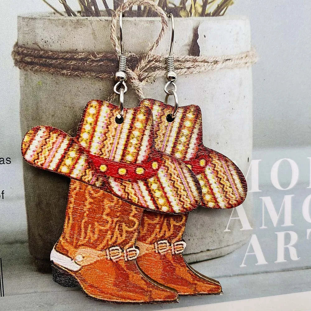 Western Cowboy Wood Earrings Boots Hat Pendant Earrings Sunflower Cow Skull Cowboy Hat Boot Drop Earrings for Women Jewelry