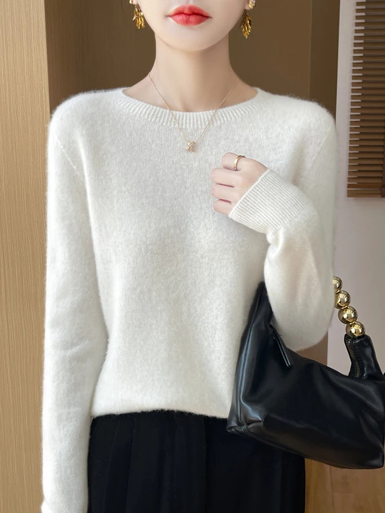 Autumn Winter Women Clothing O-Neck Pullover 100% Merino Wool Sweater New Fashion Cashmere Tops Bottoming Long Sleeve Knitwear