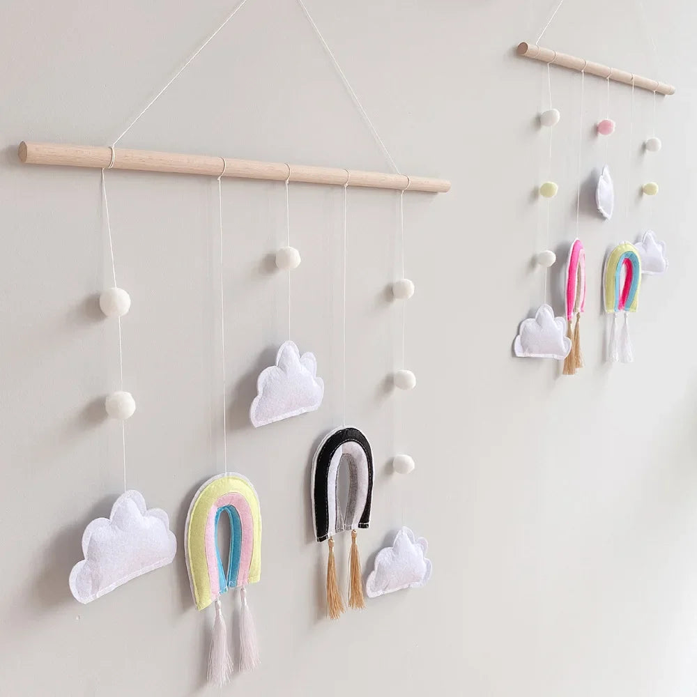 Nordic Style Cute Felt Clouds Shape Wall Hanging Ornament Wooden Stick Tassel Pendant Kids Room Decoration Photography Props