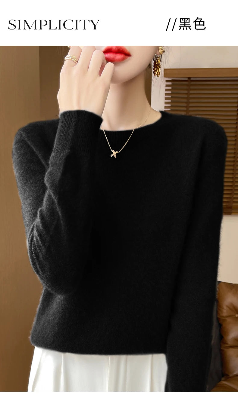 Autumn Winter Women Clothing O-Neck Pullover 100% Merino Wool Sweater New Fashion Cashmere Tops Bottoming Long Sleeve Knitwear