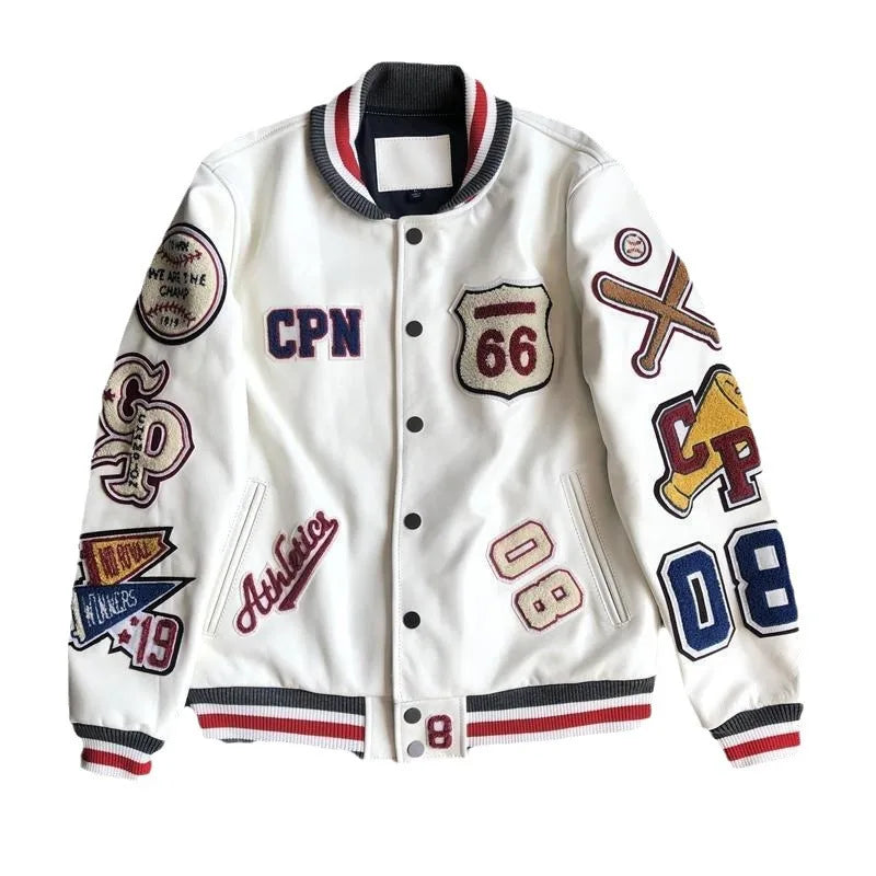 2025 New Men's winter baseball Jacket Men Retro Trend leather Jacket heavy industry embroidery white short Coats Men Clothing