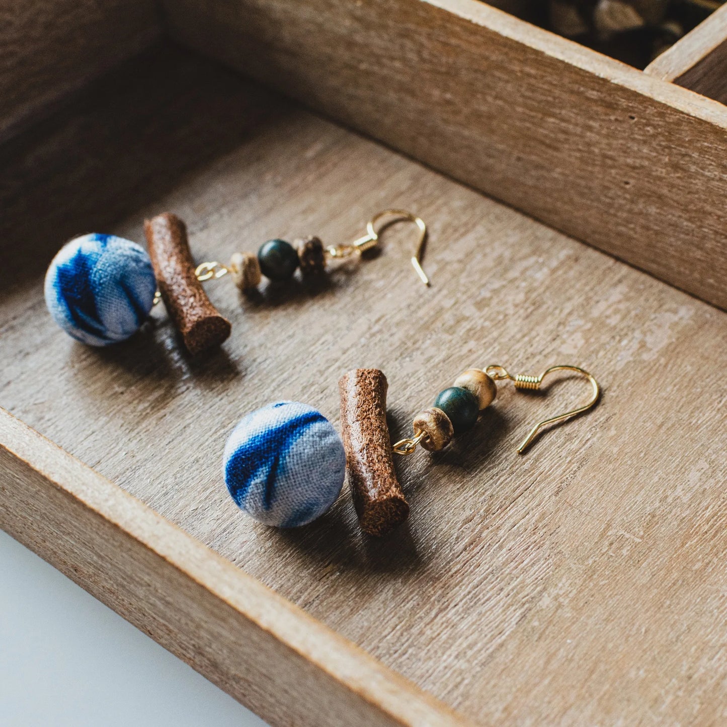 A pair of handmade indigo tie dye earrings with a shabby style, Chinese retro and ethnic style Women's Accessories