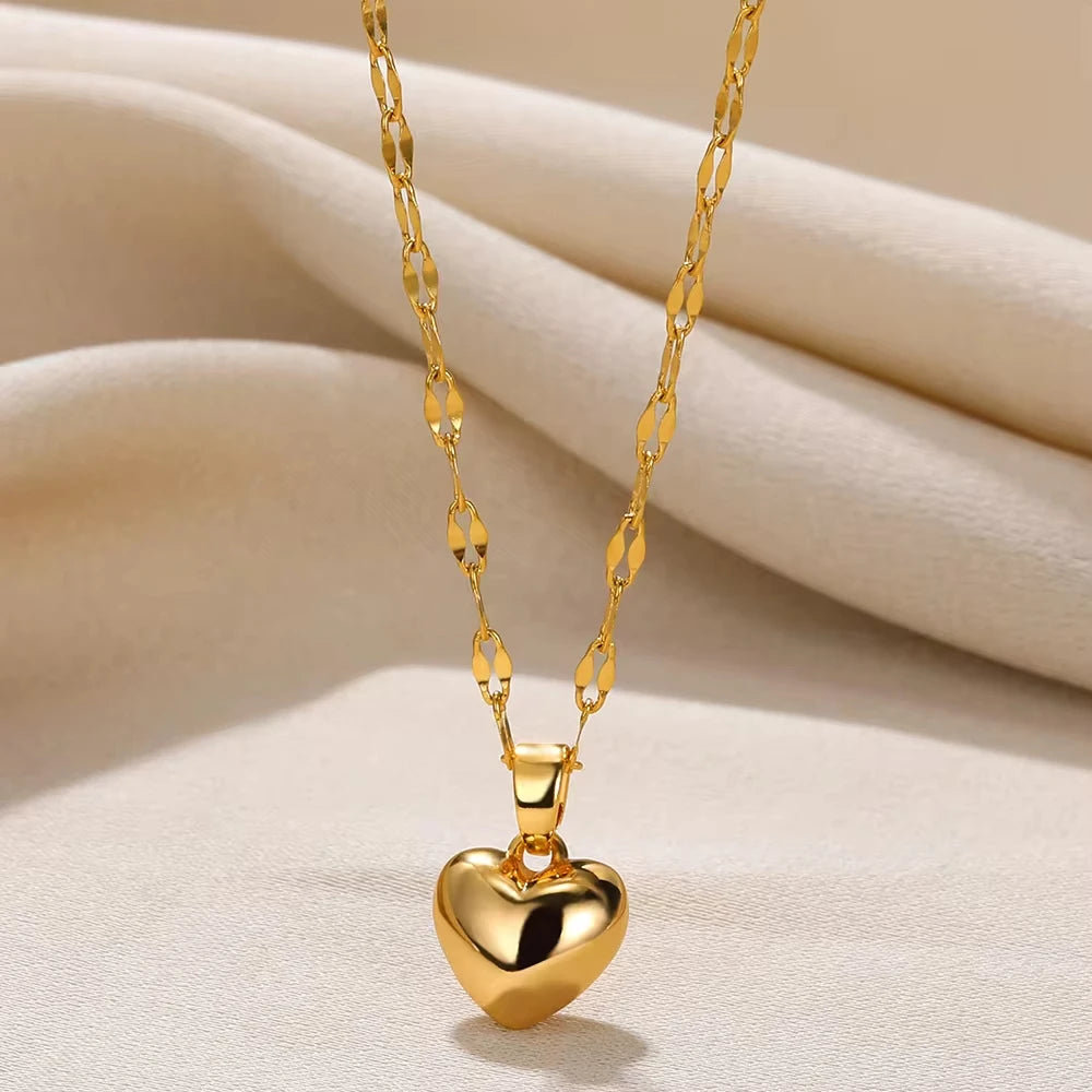 Punk Gold Color Heart Pendant Necklace for Women Stainless Steel OT Buckle Beaded Neck Chain Choker Y2K Jewelry Accessories