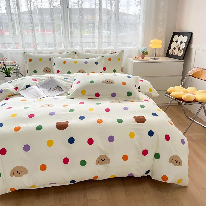 Colorful Polka Dot Cotton Duvet Cover Set with Zipper Cute Bear Bedding Sets for Men & Women, Luxury Reversible Comforter Covers