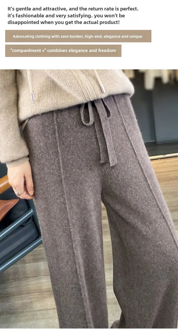 Wool Knitted Wide Leg Pants Women Autumn Winter Thickened High Waist Drip Feeling Cashmere Pants Coffee Straight Casual Pants