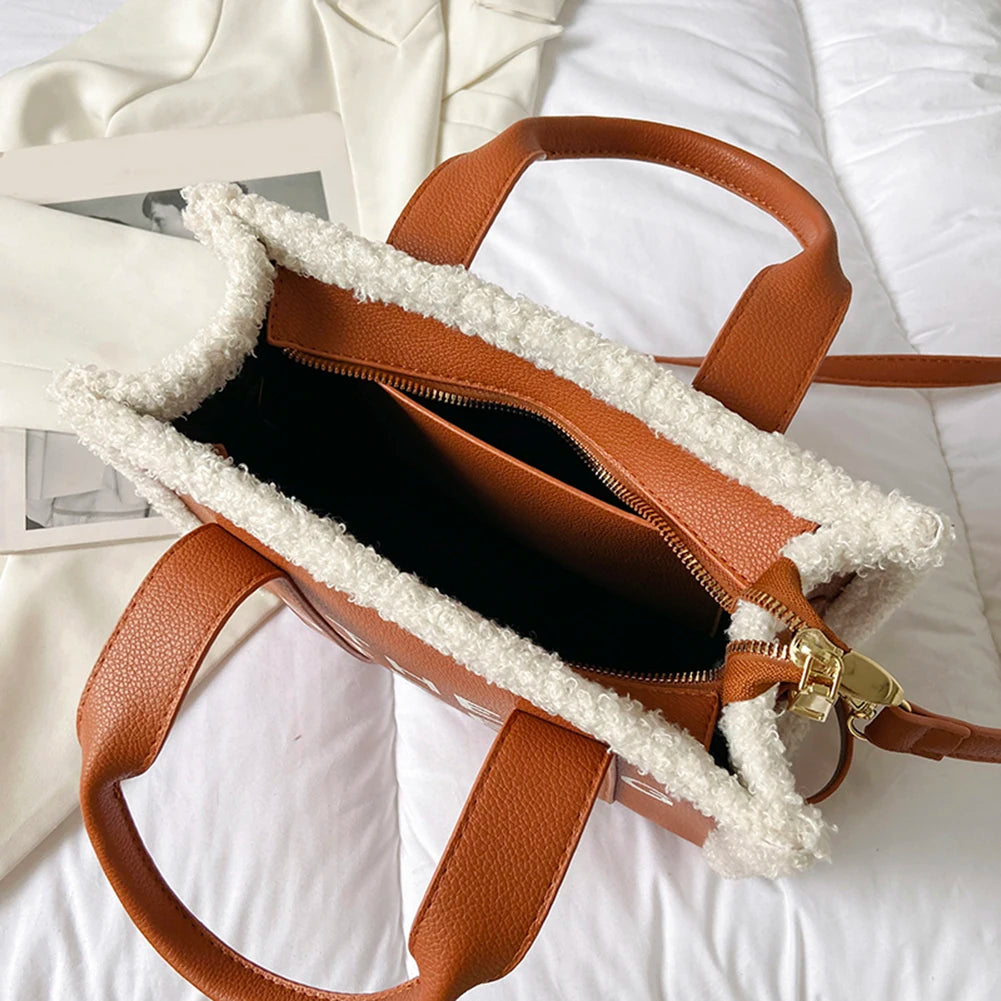 Winter Soft Lamb Wool Stitching Top-Handle Bags PU Leather Fashion Small Crossbody Bags Letter Print Ladies Square The Tote Bags