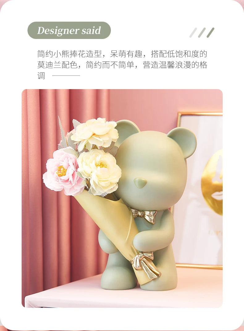 Bear Figurine Resin Flower Vase Modern Home Decor Vases Living Room Decoration Office Desk Accessories Wedding Decoration Gifts