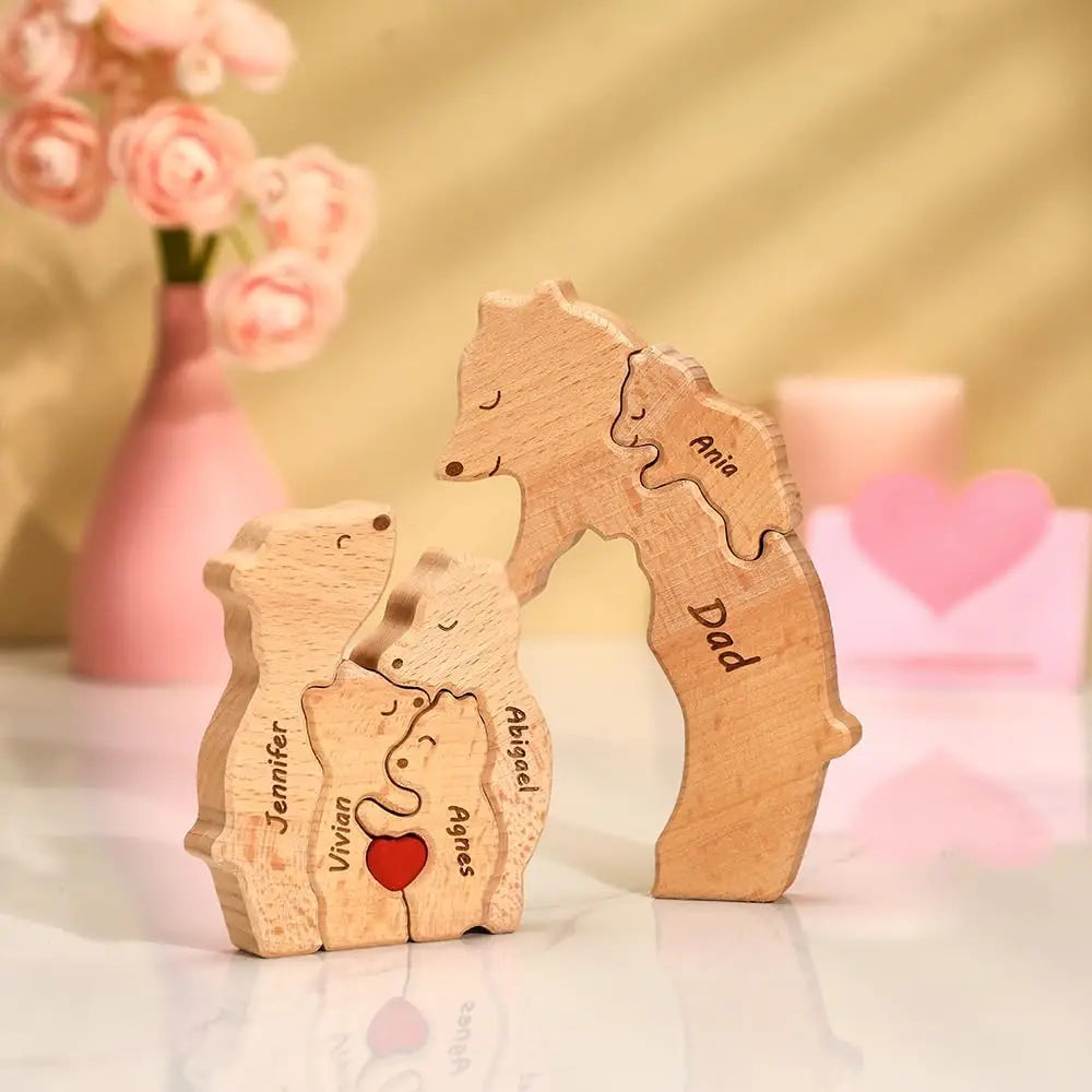 Name Personalized Custom Mother's Birthday Gift Family Names Sculpture Wood Puzzle Bear Family Heart Puzzles Home Decoration Valentines Gift