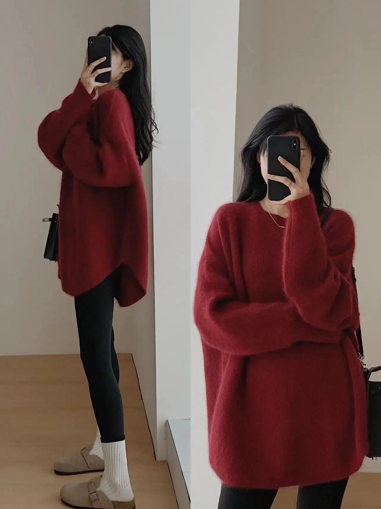 Korean women's mid to long pure wool pullover knitted sweater autumn winter 2024, fashionable and loose large size cashmere tops