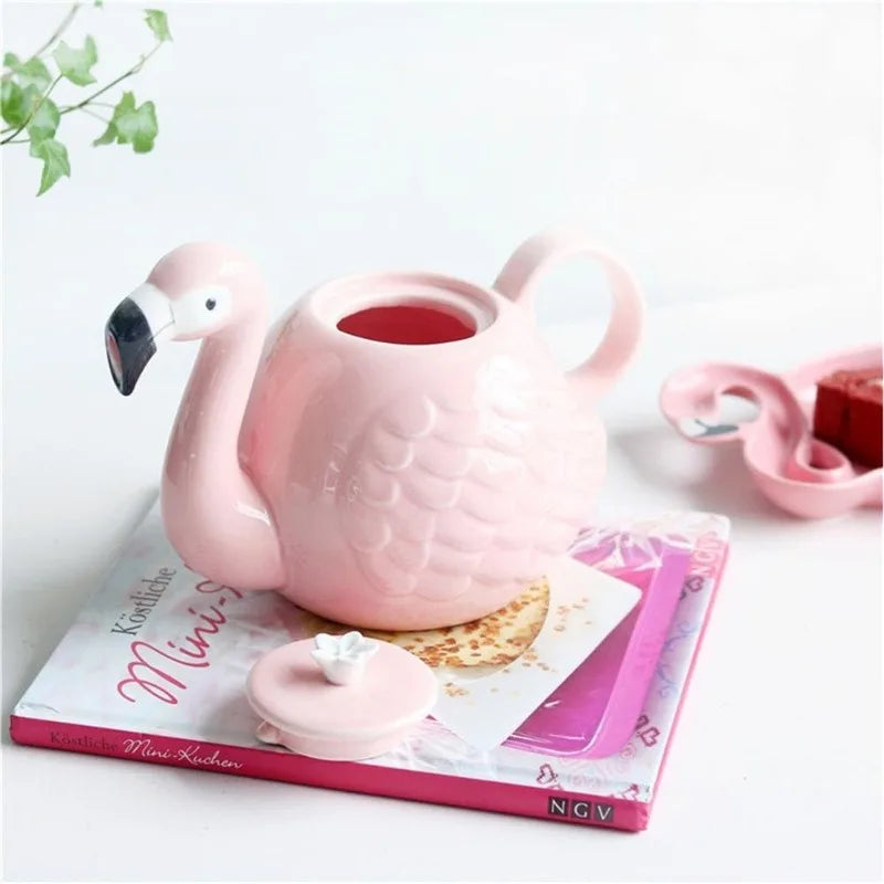 Flamingo Coffee Mugs and Teapot Set 15 Ounce Ceramic Flamingo Cups 34 Ounce Porcelain Teapot Flamingo Tea Set Gift  (Set of 3)