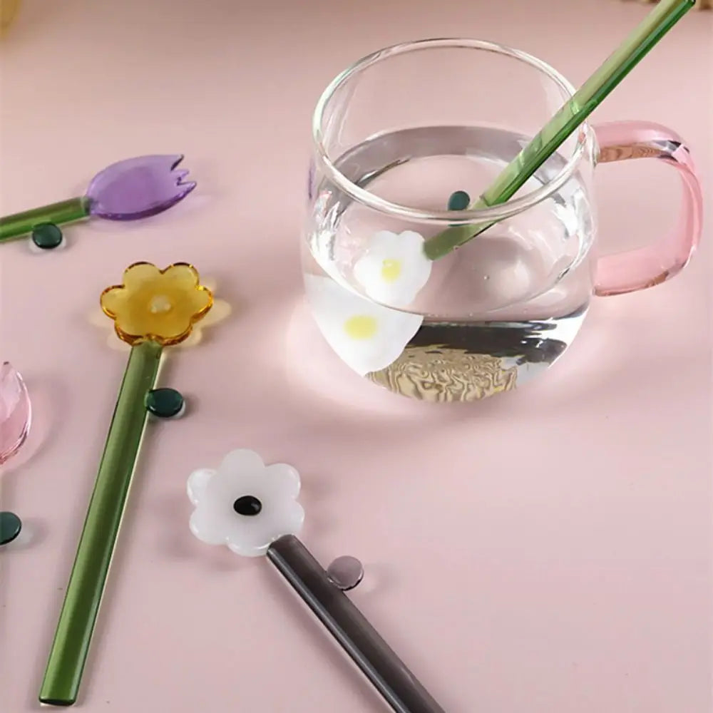 Long handle Glass Spoon Creative Transparent Glass Dessert Spoon Flower Shaped Colored Coffee Stirring Spoon Stick Bar