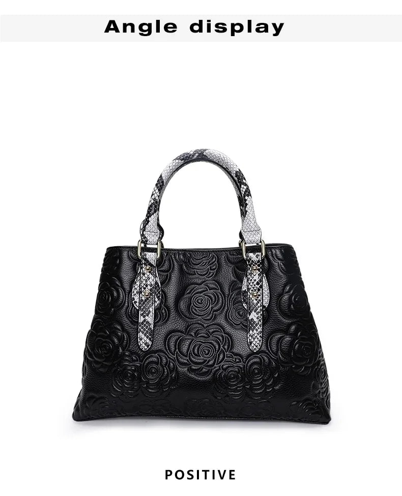 Aidrani  Women's luxury leather handbag, large capacity black, with floral and snake pattern design,