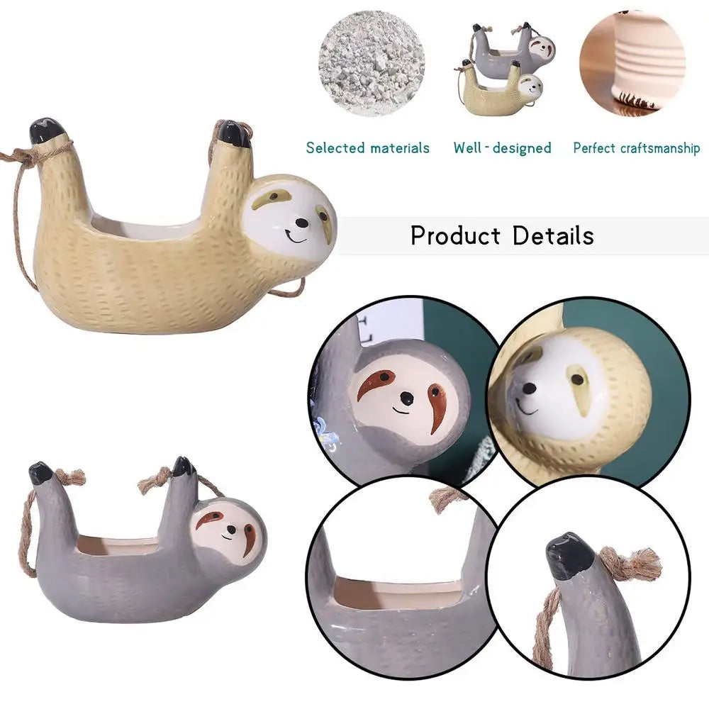 Ceramic Flowerpot Cartoon Animal Sloth Hanging Planter Pots Cute Succulent Plant With Twine Home Decor For Indoor Outdoor