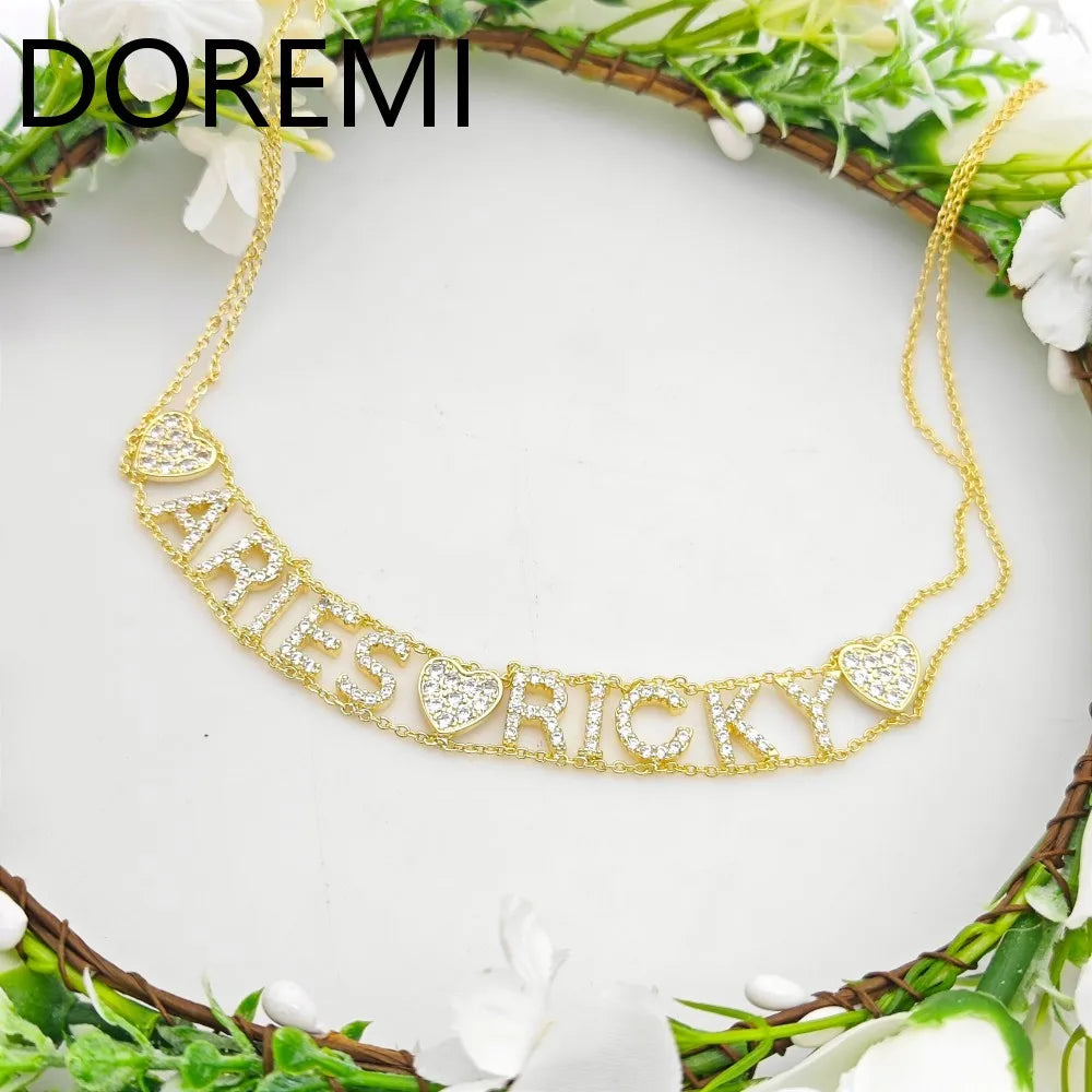 DOREMI 9mm Initial Letters Cz Name Necklace Double Chains Wome Letters Bracelet Gift Custom Jewelry Choker Necklace