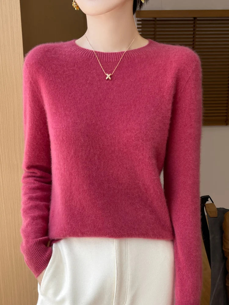 Autumn Winter Women Clothing O-Neck Pullover 100% Merino Wool Sweater New Fashion Cashmere Tops Bottoming Long Sleeve Knitwear