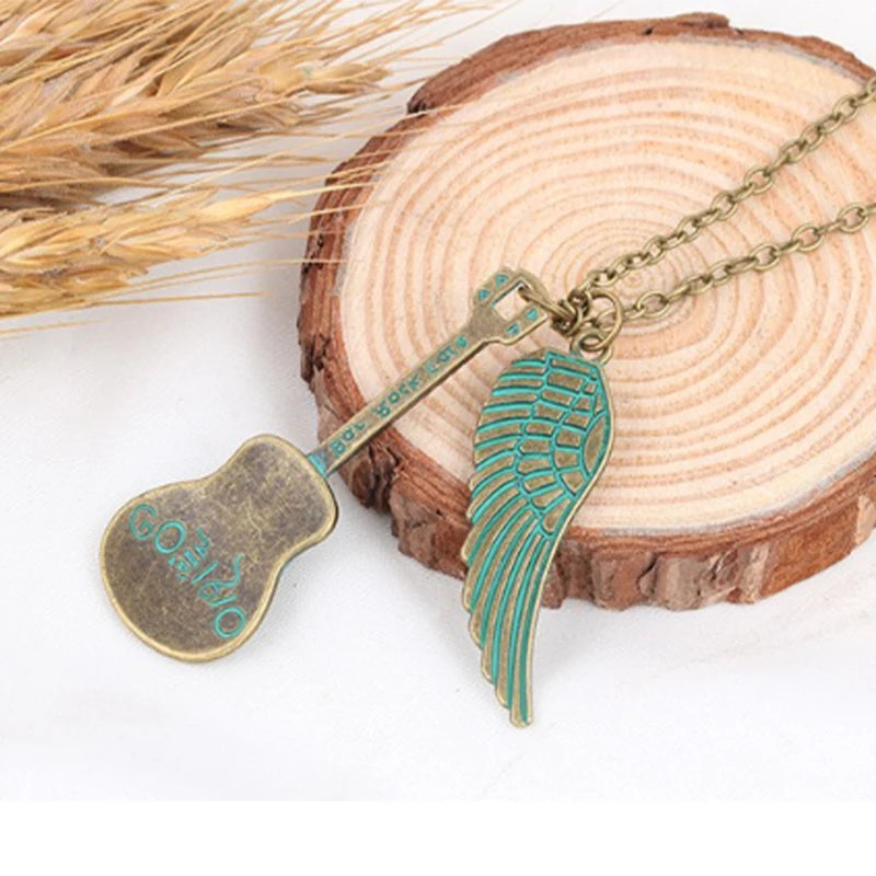 LOVE Valentine's Day Gift Green Angel Wing Guitar Necklace Women,Pendant Necklaces for Women, Sweater Neckless Jewelry Halskette