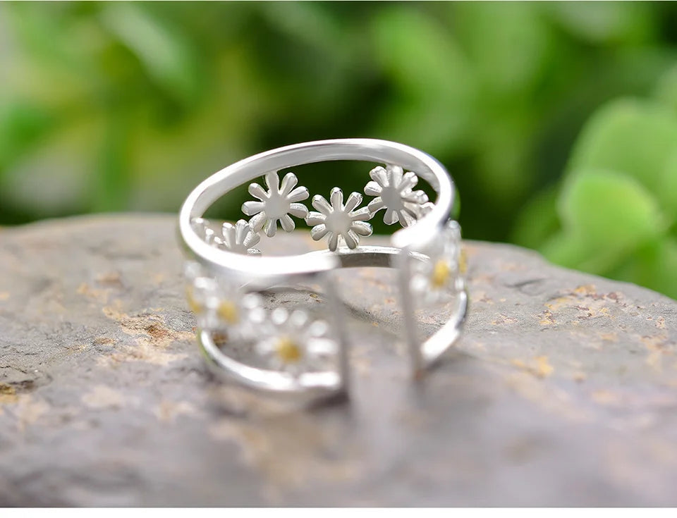 Lotus Fun Elegant Little Daisy Flower Adjustable Rings for Women Real 925 Sterling Silver Original Luxury 18K Gold Fine Jewelry